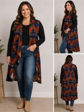 Pink Bouquet Southwestern Aztec Longline Duster Vest Boho Medium